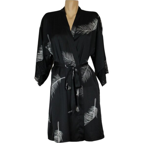 La Vie en Rose Luxury Lace Detail Satin Kimono Small Black White 3/4 Sleeve SW48 - Picture 1 of 7